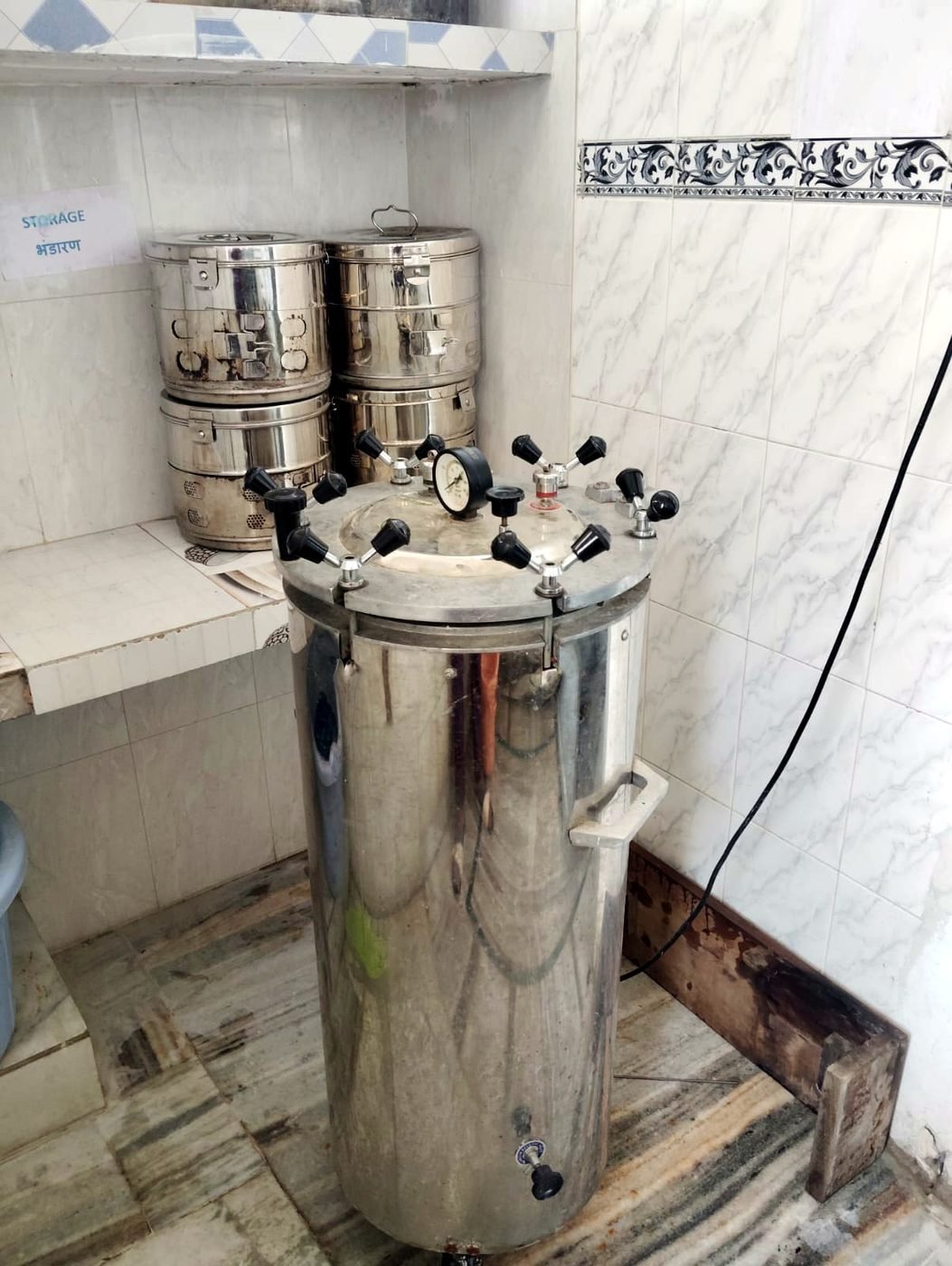 Autoclave and sterilised instrument drums at Narayan Hospital